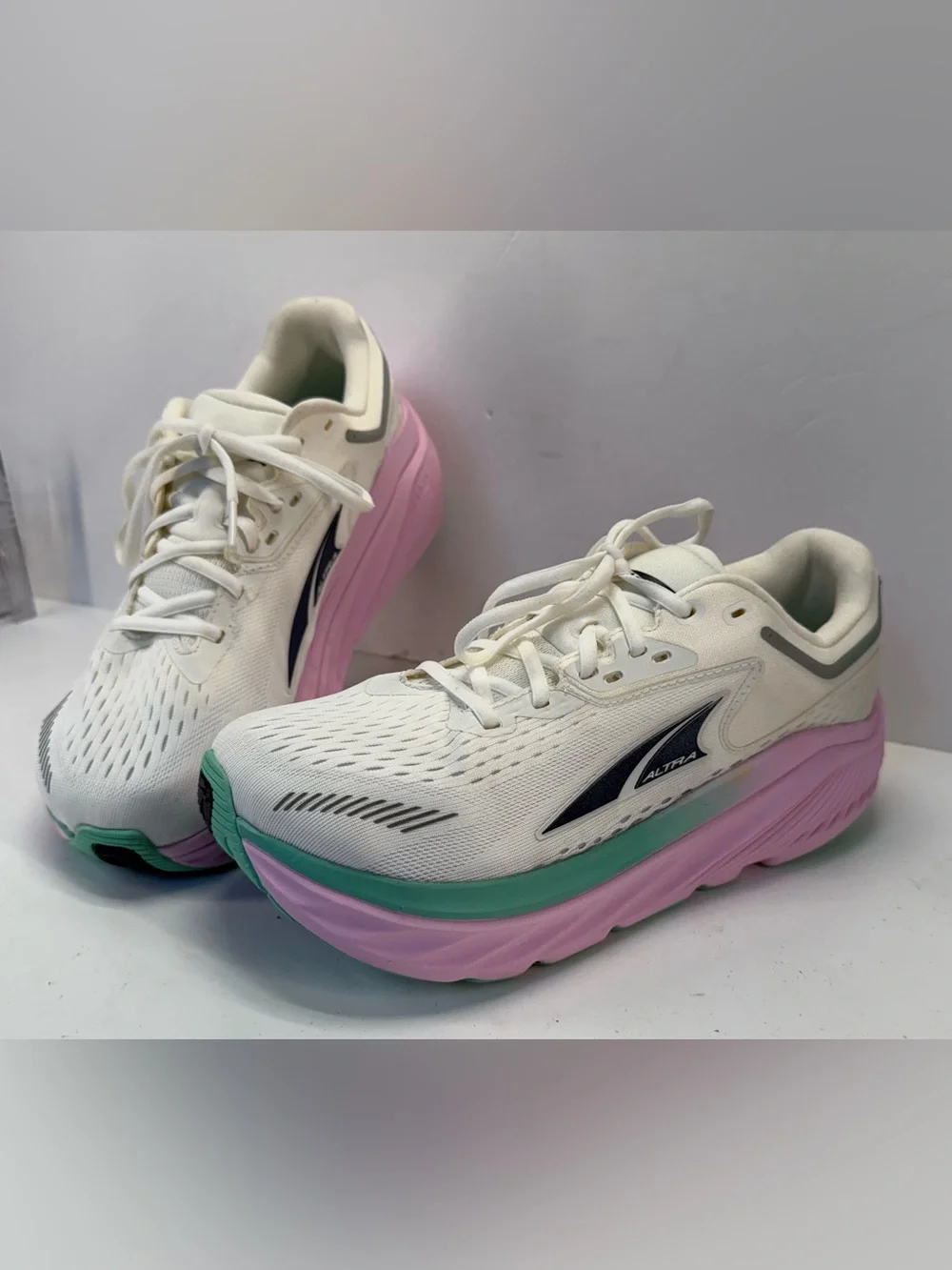 Altra Via Olympus max cushion White Running Sneakers with Pink & Mint womens 8.5